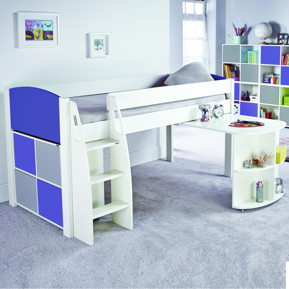 Uno S Midsleeper incl. Pull Out Desk & Cube Unit with 2 Blue+2 Grey Doors - Blue Headboard