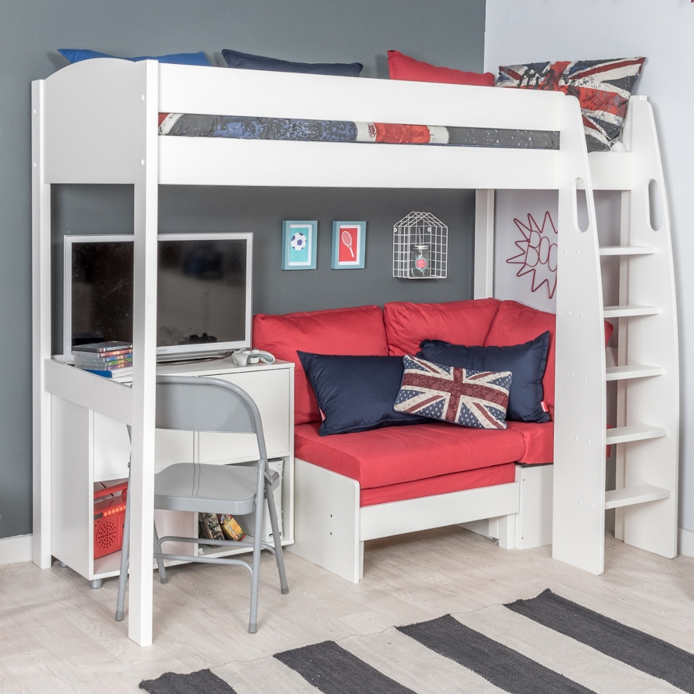 UnoS20 Highsleeper with Sofa Bed in Red and Cube Unit with two white doors