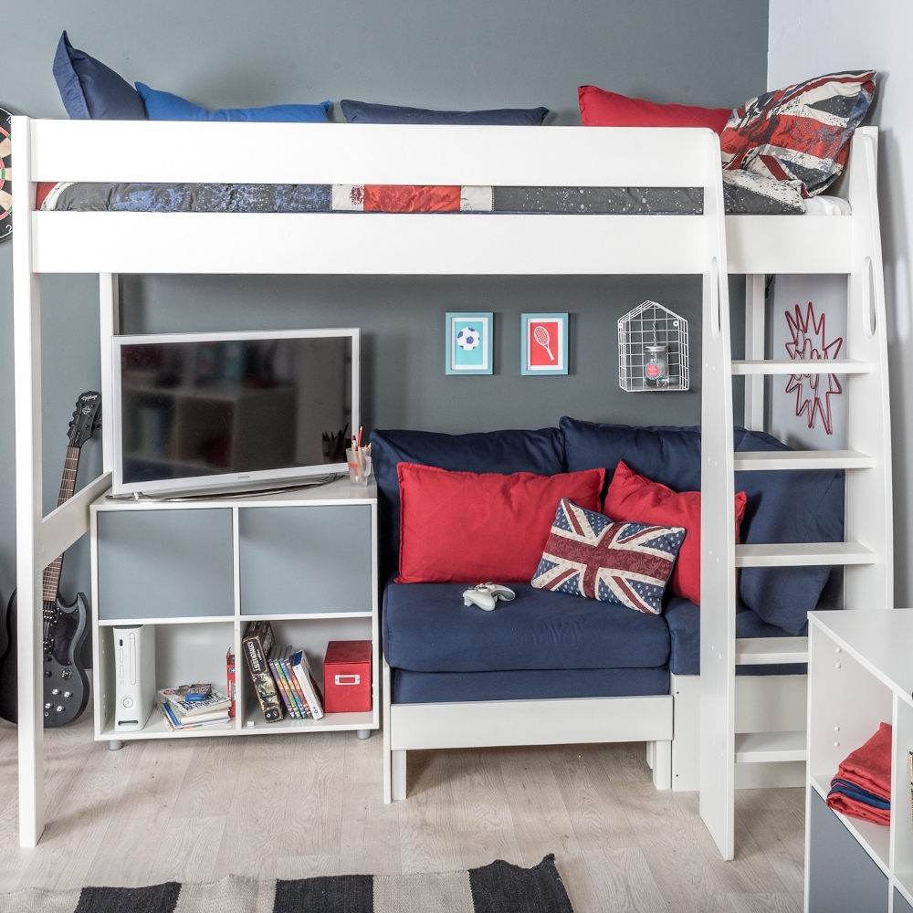 UnoS20 Highsleeper with Sofa Bed in Blue and Cube Unit with two grey doors