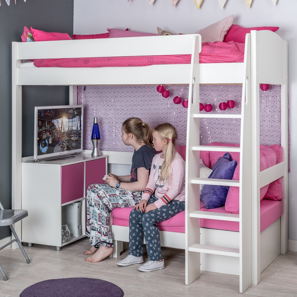 UnoS20 Highsleeper with Sofa Bed in Pink and Cube Unit with two pink doors