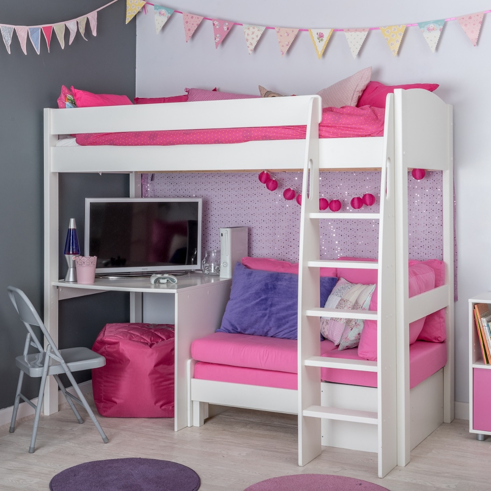 UnoS21 Highsleeper with Sofa Bed in Pink with Fixed Desk