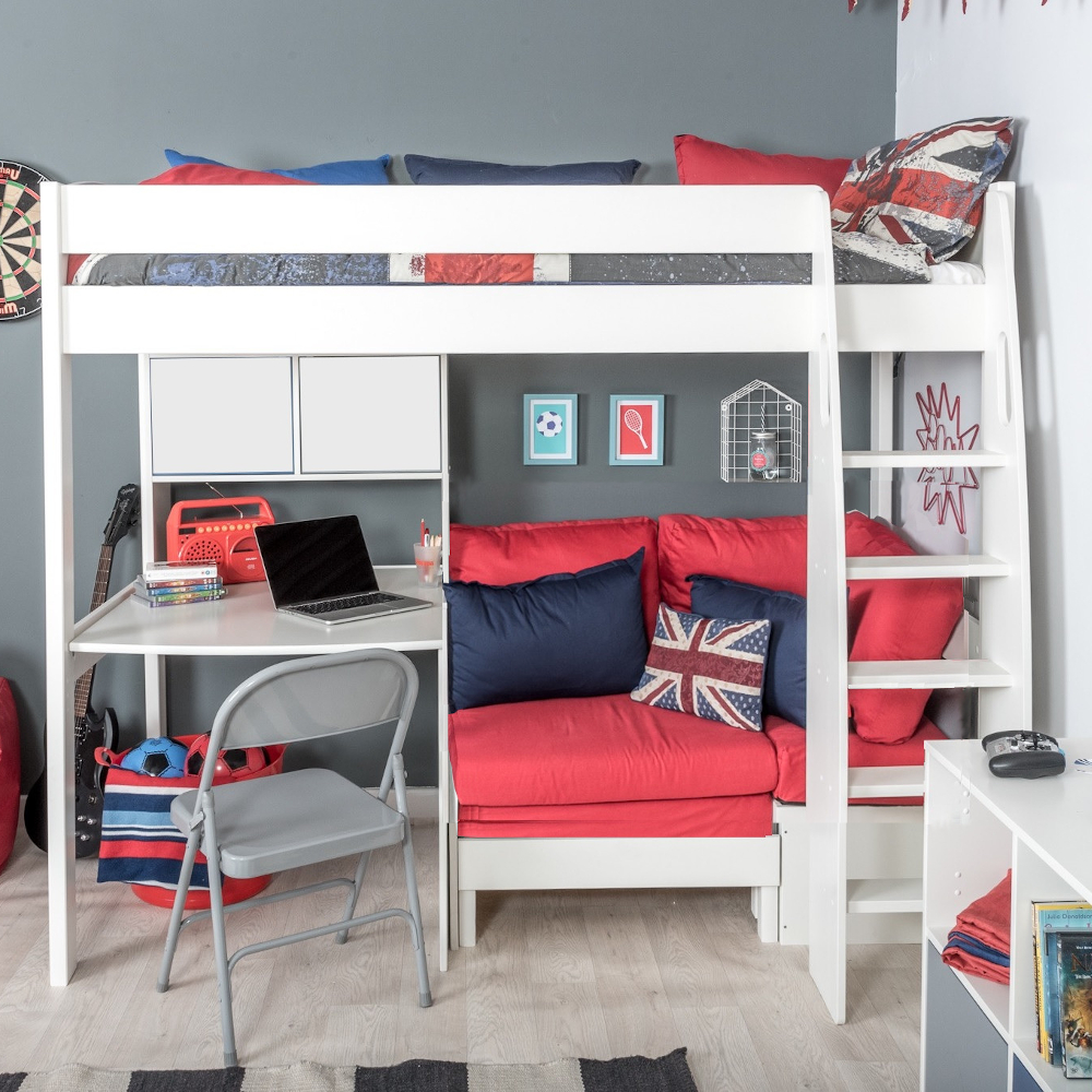 UnoS23 Highsleeper with Sofa Bed in Red  Fixed Desk and Hutch with two white doors