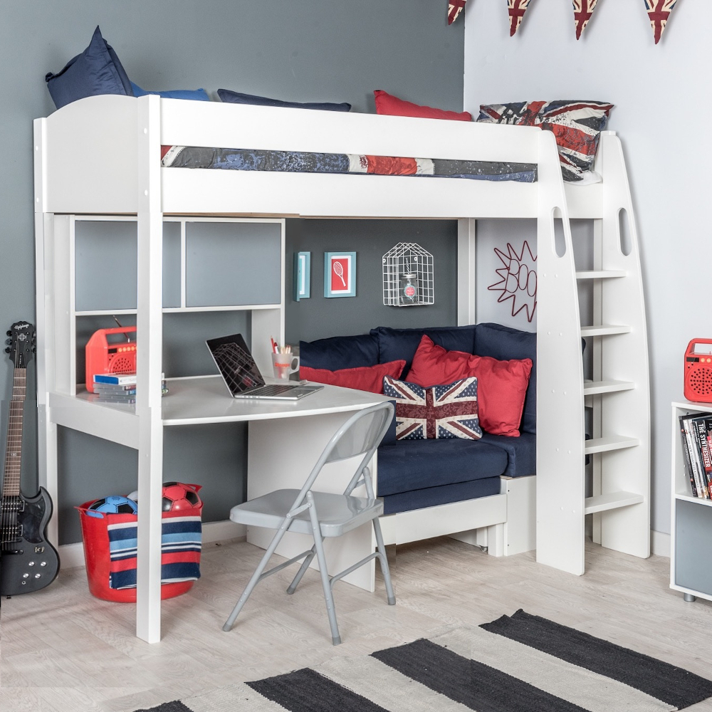 UnoS23 Highsleeper with Sofa Bed in Blue  Fixed Desk and Hutch with two grey doors