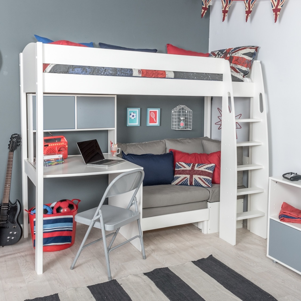 UnoS23 Highsleeper with Sofa Bed in Grey  Fixed Desk and Hutch with two grey doors