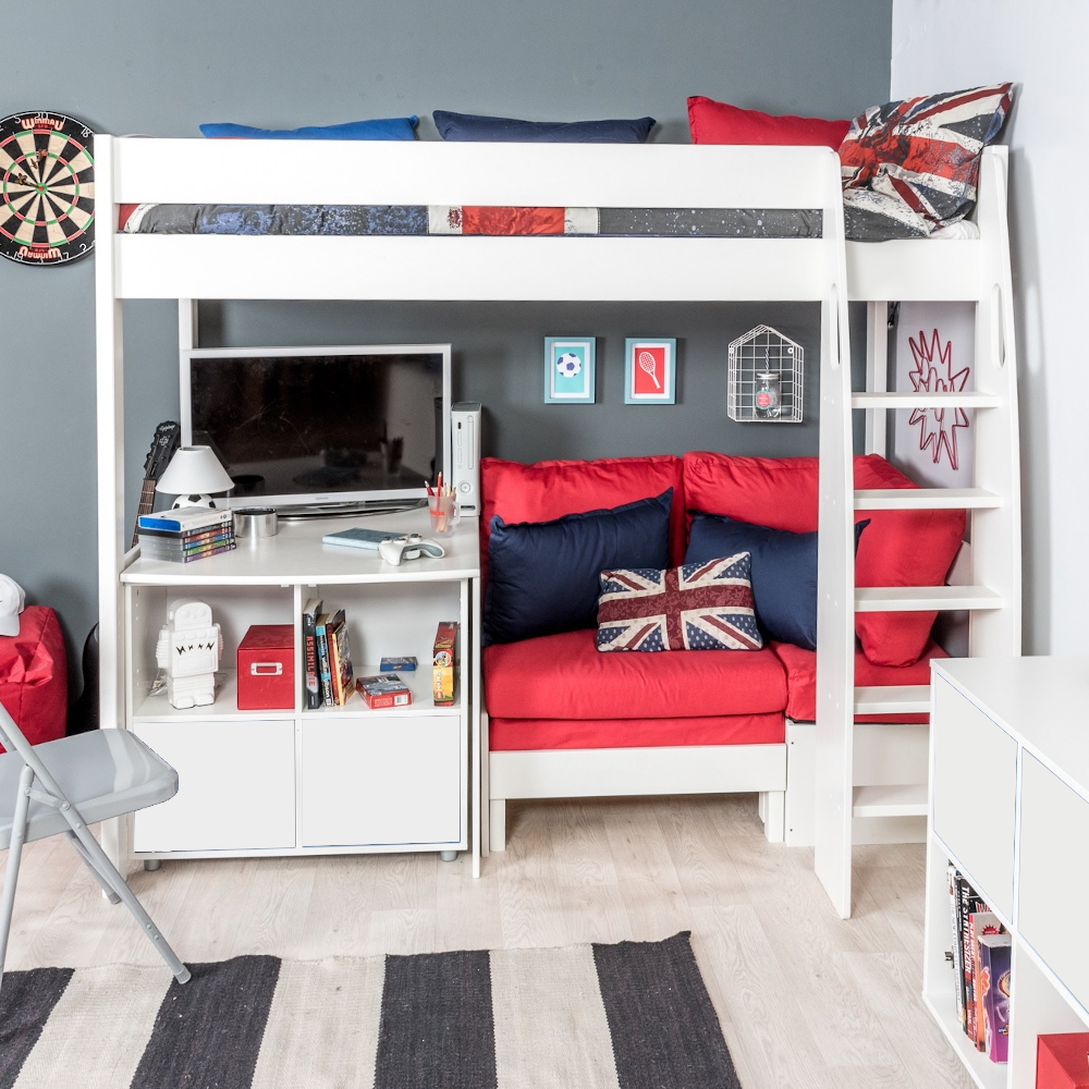 UnoS24 Highsleeper with Sofa Bed in Red  Fixed Desk and Cube with two white doors