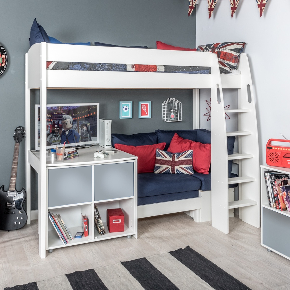 UnoS24 Highsleeper with Sofa Bed in Blue with a Fixed Desk and Cube with two grey doors