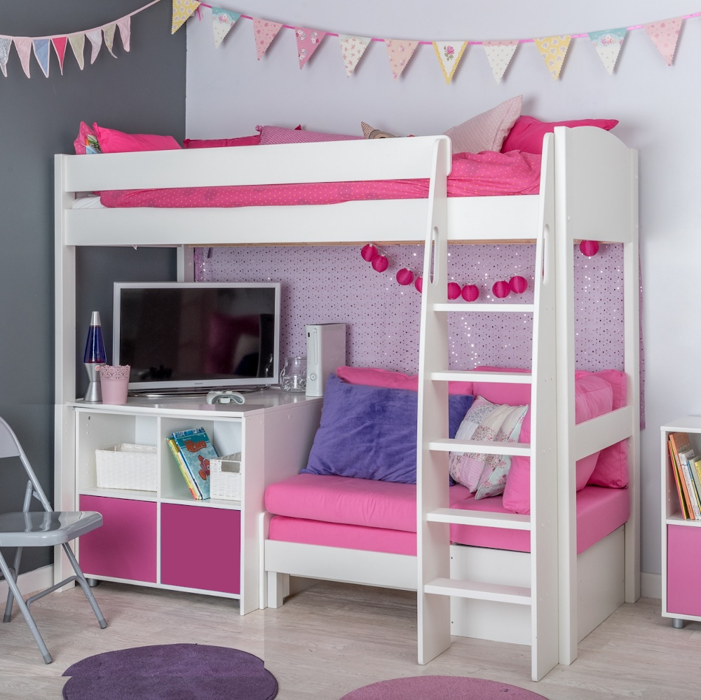UnoS24 Highsleeper with Sofa Bed in Pink  Fixed Desk and Cube with two pink doors