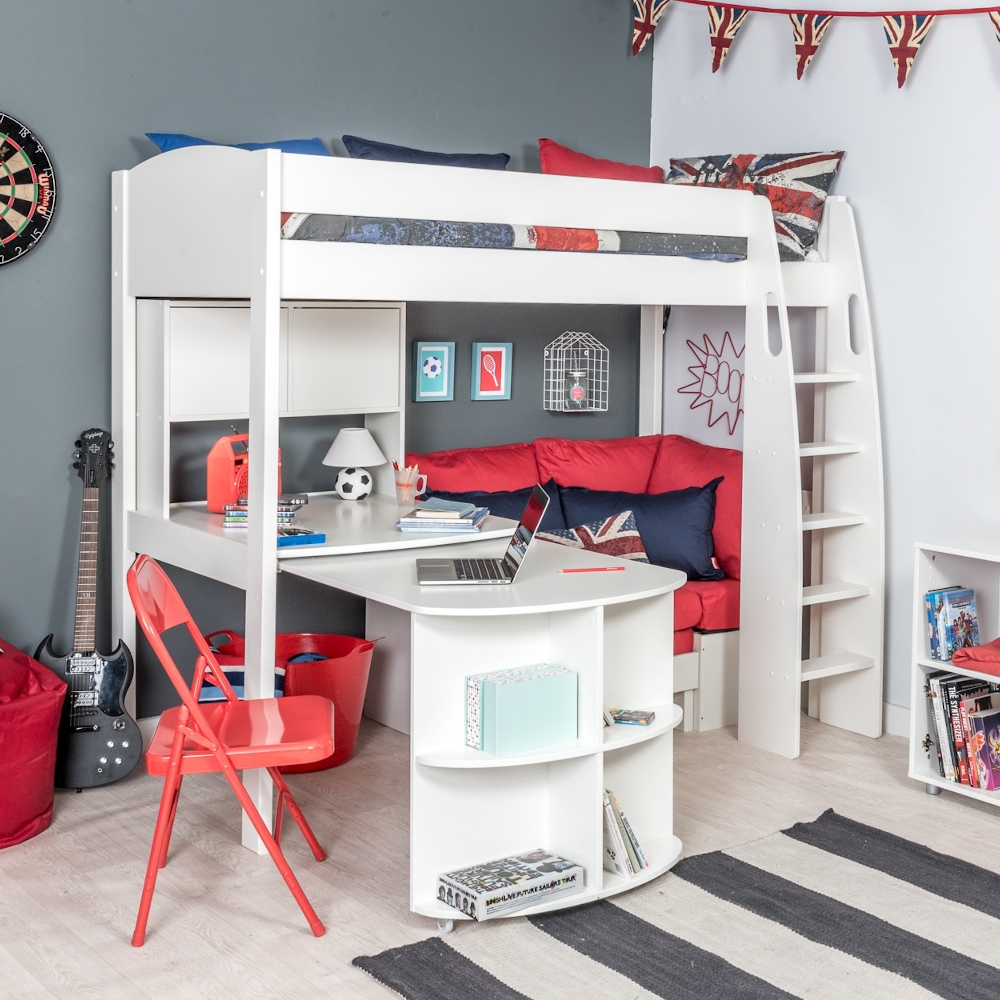 UnoS25 Highsleeper with Sofa Bed in Red  Fixed Desk  Pull Out Desk and Hutch with two white doors