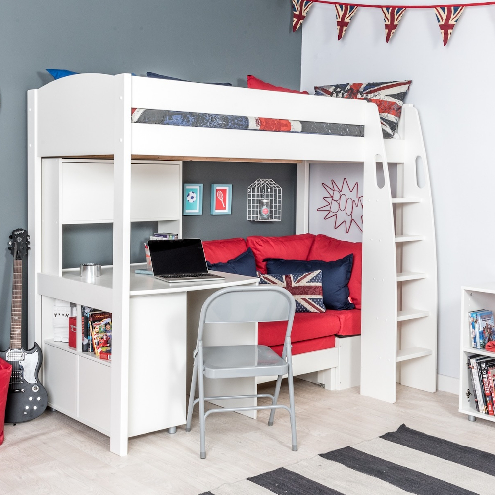 UnoS26 Highsleeper with Sofa Bed in Red Fixed Desk Cube and Hutch and two pairs of white doors