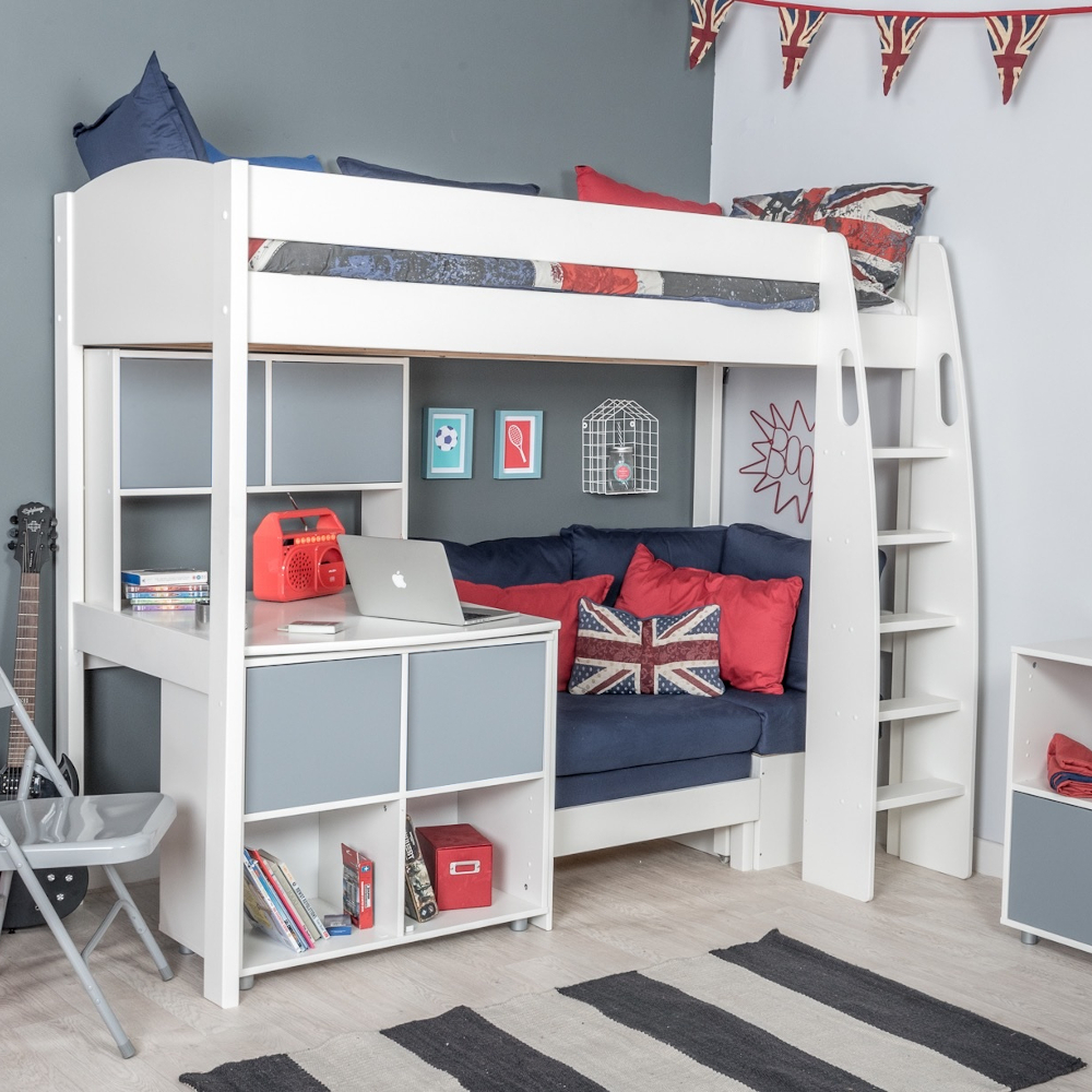 UnoS26 Highsleeper with Sofa Bed in Blue  Fixed Desk  Cube and Hutch plus two grey and two blue doors