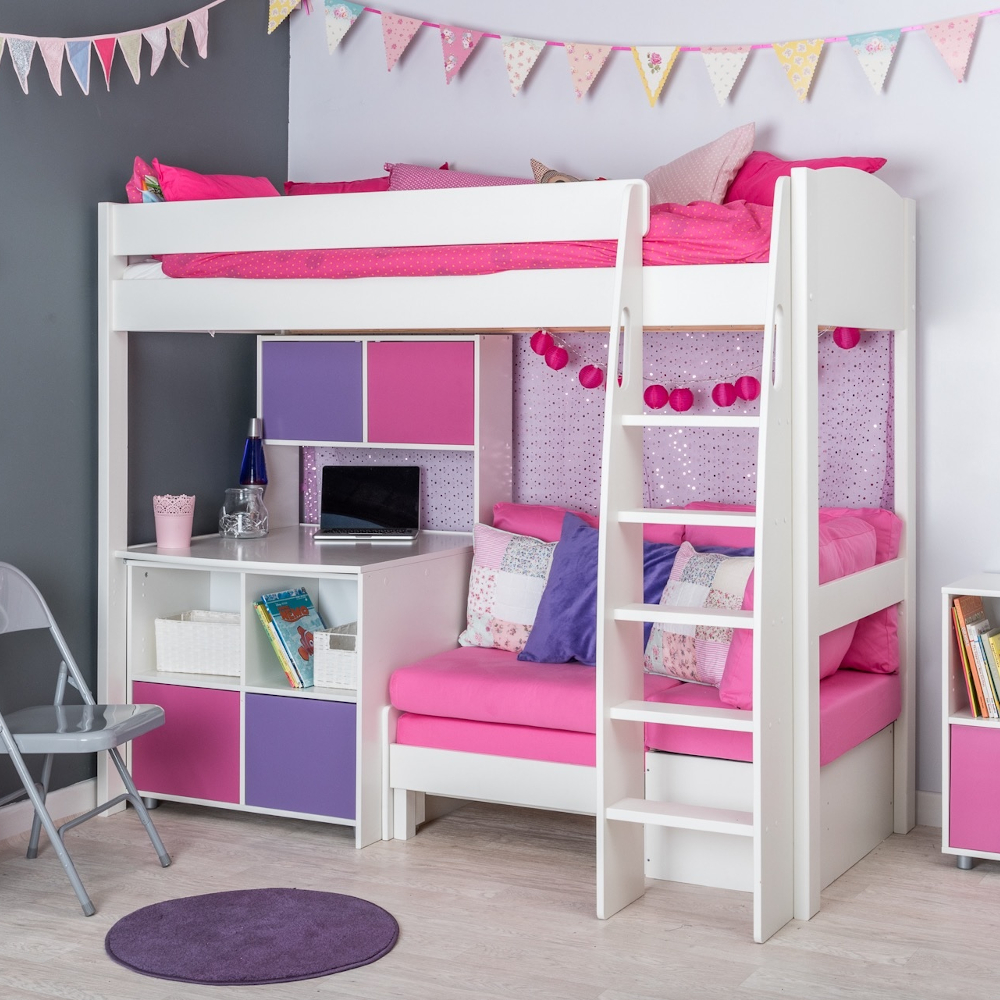 UnoS26 Highsleeper with Sofa Bed in Pink  Fixed Desk  Cube and Hutch 2 pink and 2 purple doors