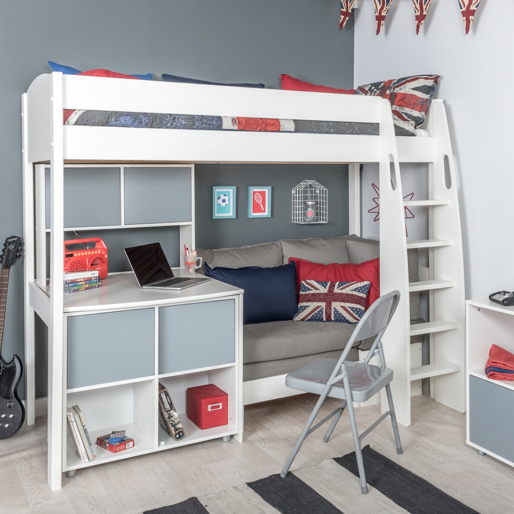 UnoS26 Highsleeper with Sofa Bed in Grey + Fixed Desk a Cube unit and Hutch includes 4 grey doors