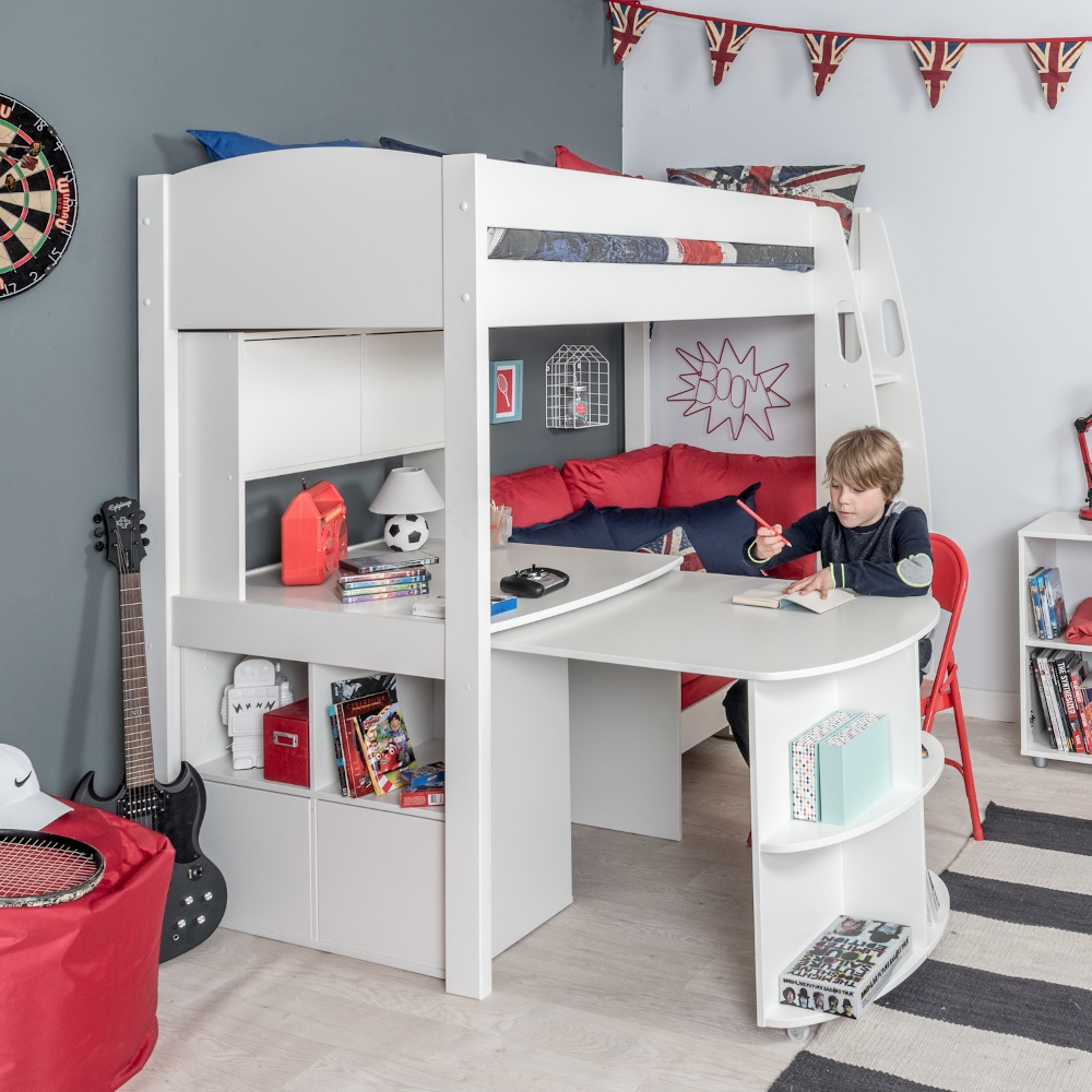 UnoS28 Highsleeper with Sofa Bed in Red  Fixed Desk  Pull Out Desk  Cube and Hutch  + 2 pairs of white doors