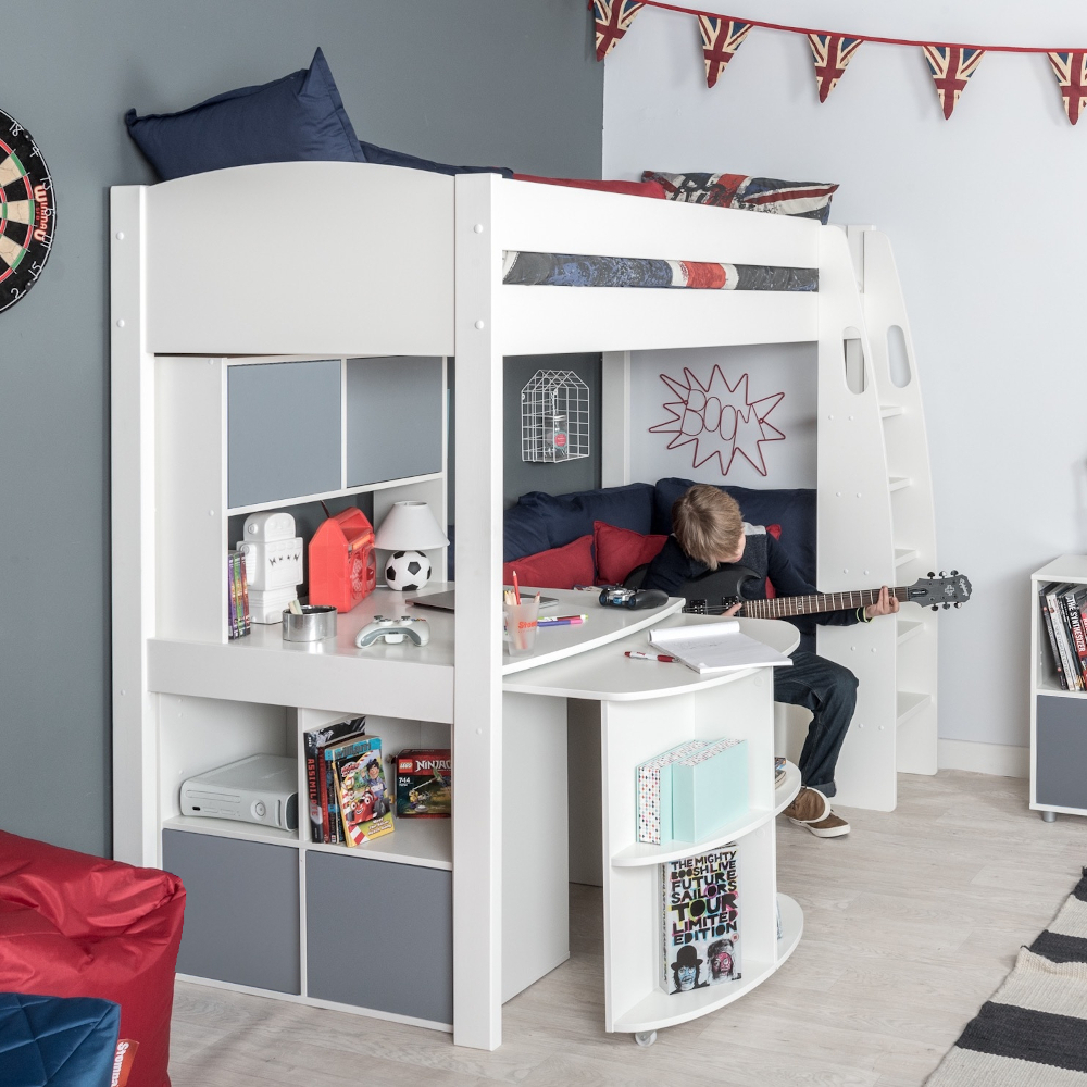 UnoS28 Highsleeper with Sofa Bed in Blue Fixed Desk + Pull Out Desk a Cube and Hutch + 4 grey doors