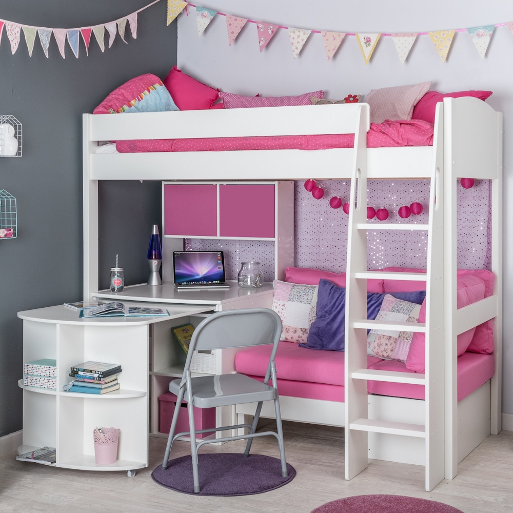 UnoS28 Highsleeper with Sofa Bed in Pink  Fixed Desk  Pull Out Desk  Cube and Hutch + 2 pink and 2 purple doors
