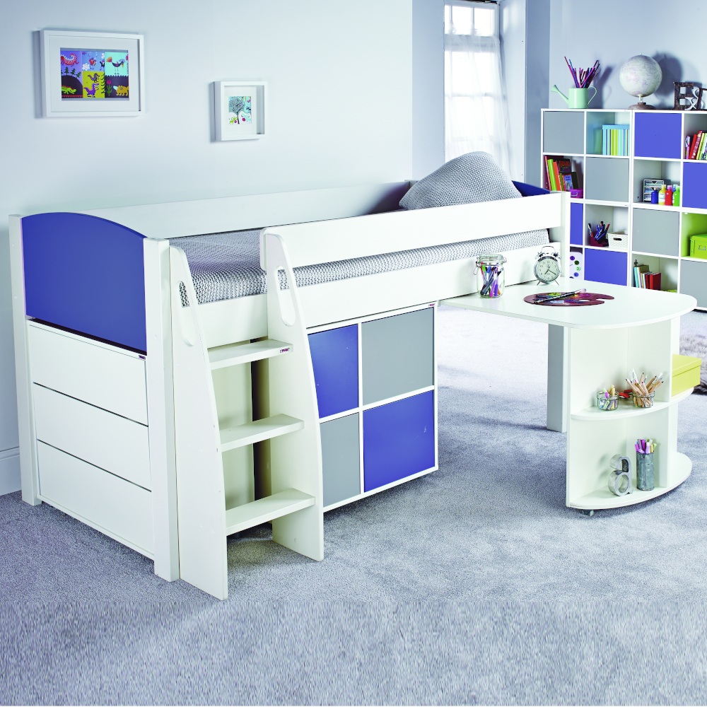 Uno S Midsleeper incl. Pull Out Desk, Chest of Drawers & Cube Unit with 2 Blue / 2 Grey Doors - Blue Headboards 