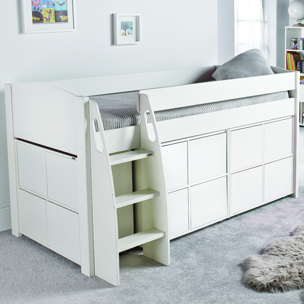 Uno S Midsleeper incl. 3 Cube Units with 4 White Doors in each Cube - White Headboards