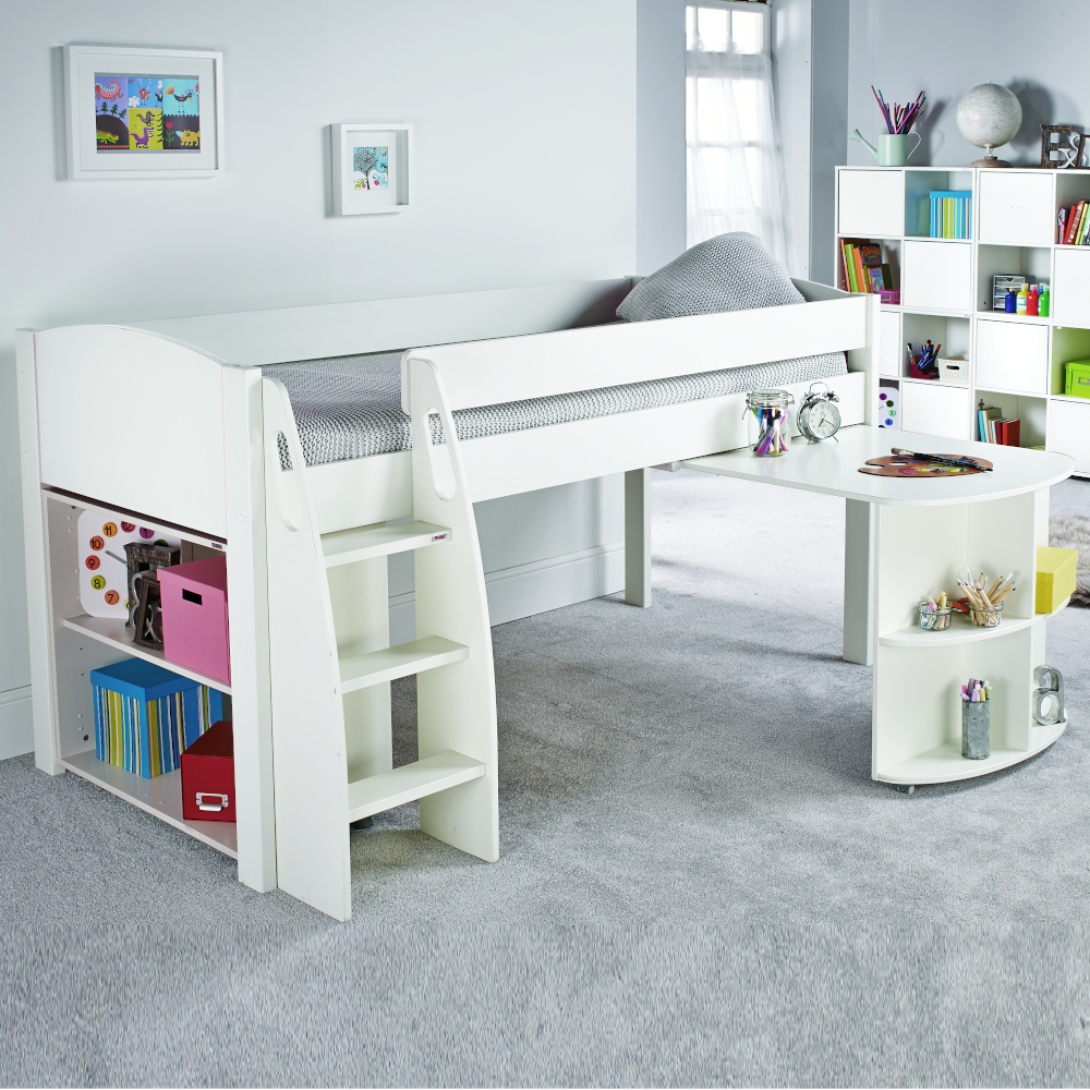 Uno S Midsleeper incl. Pull Out Desk & Bookcase no doors - White Headboards