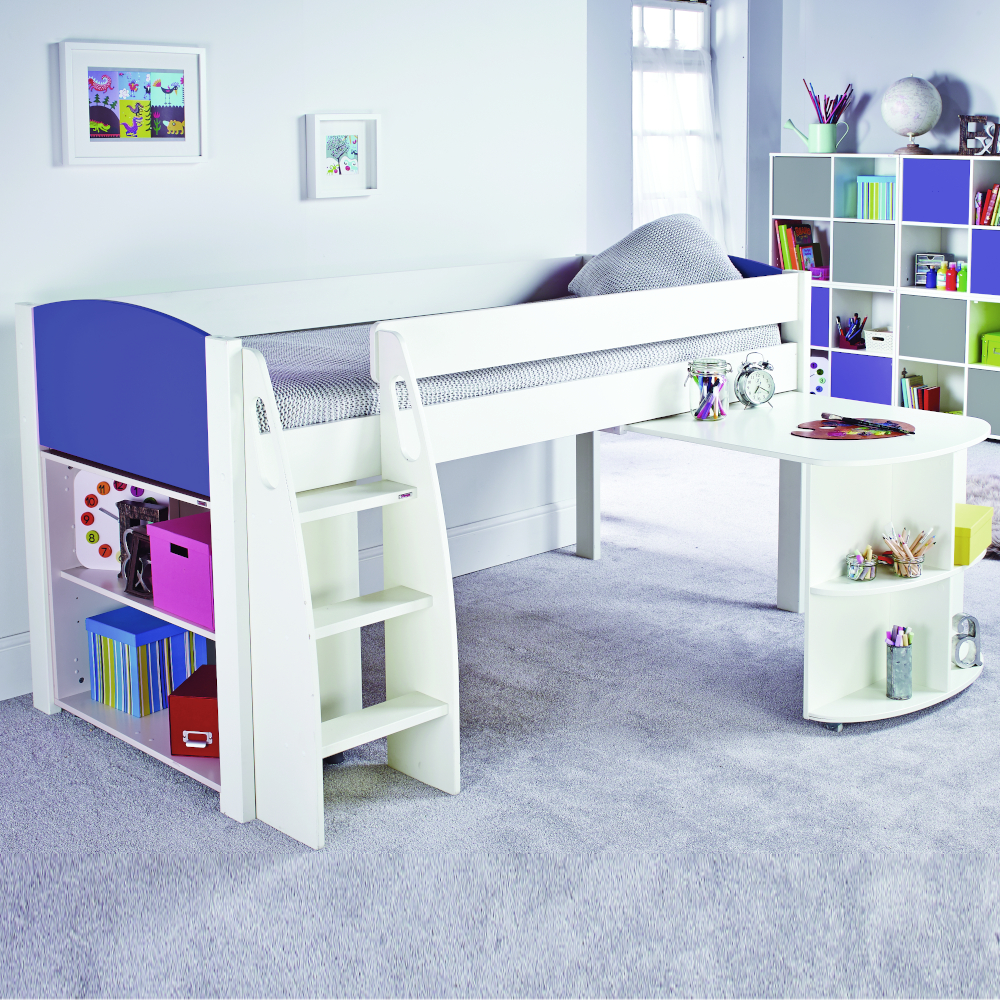 Uno S Midsleeper incl. Pull Out Desk & Bookcase no doors - Blue Headboards