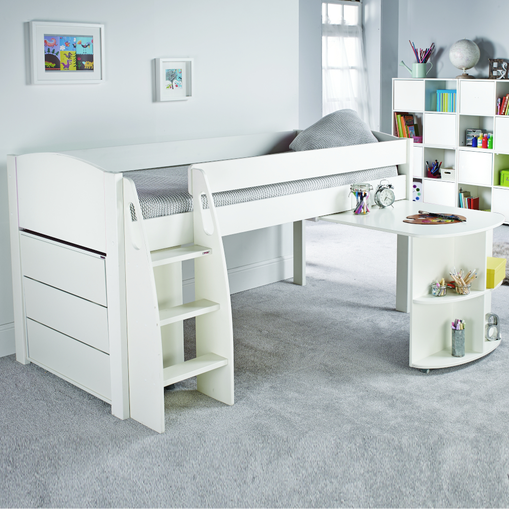 Uno S Midsleeper incl. Pull Out Desk & Chest of Drawers - White Headboards