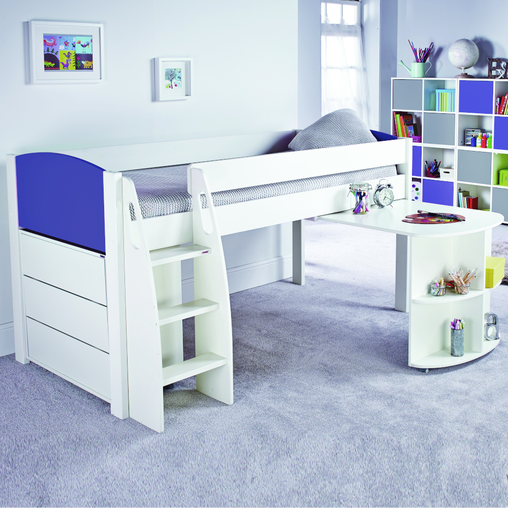 Uno S Midsleeper incl. Pull Out Desk & Chest of Drawers - Blue Headboards