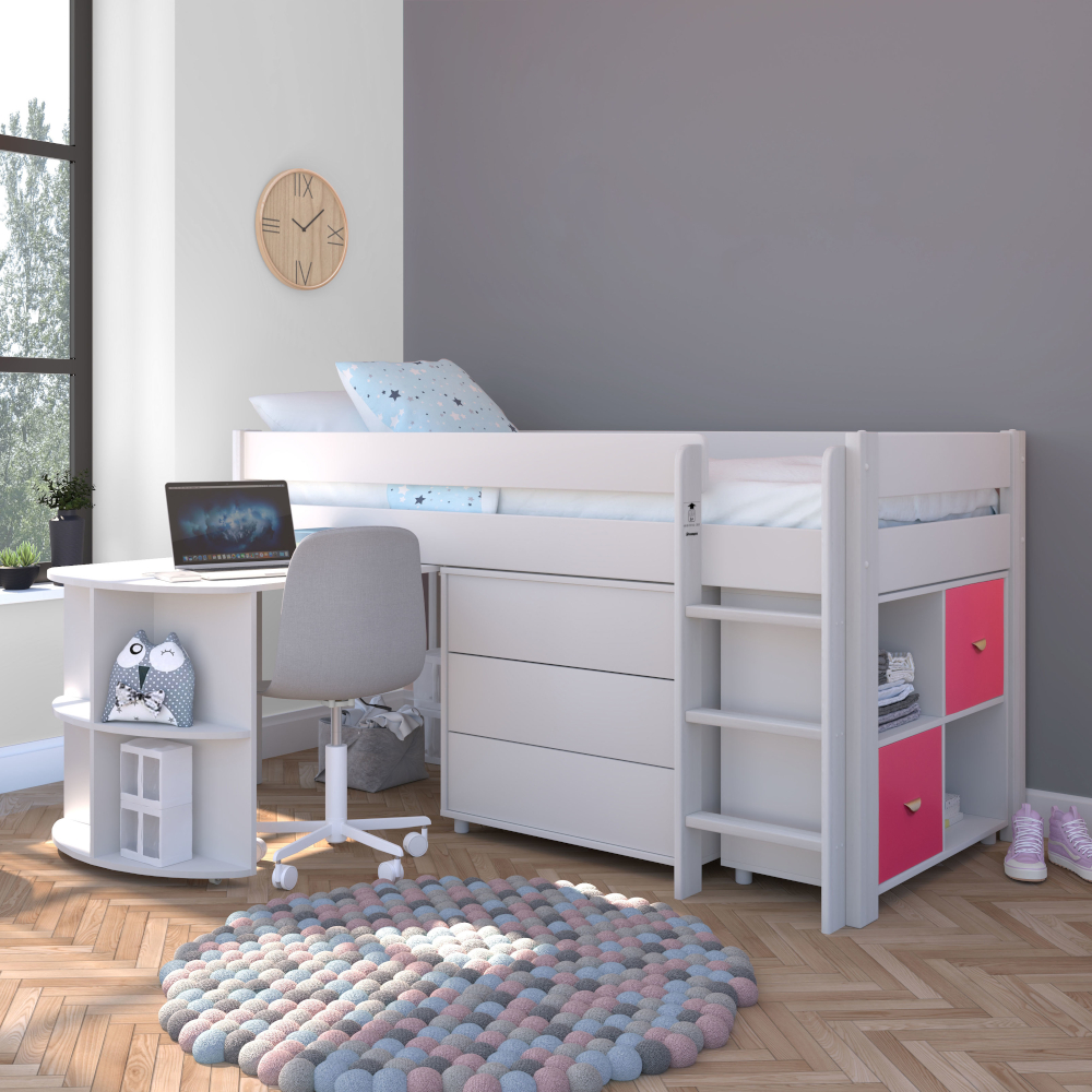 Midsleeper Special Package Includes 3 Drw Chest, Cube Unit with 2 Pink Doors and Pull Out Desk + Stompa S Flex Airflow Mattress