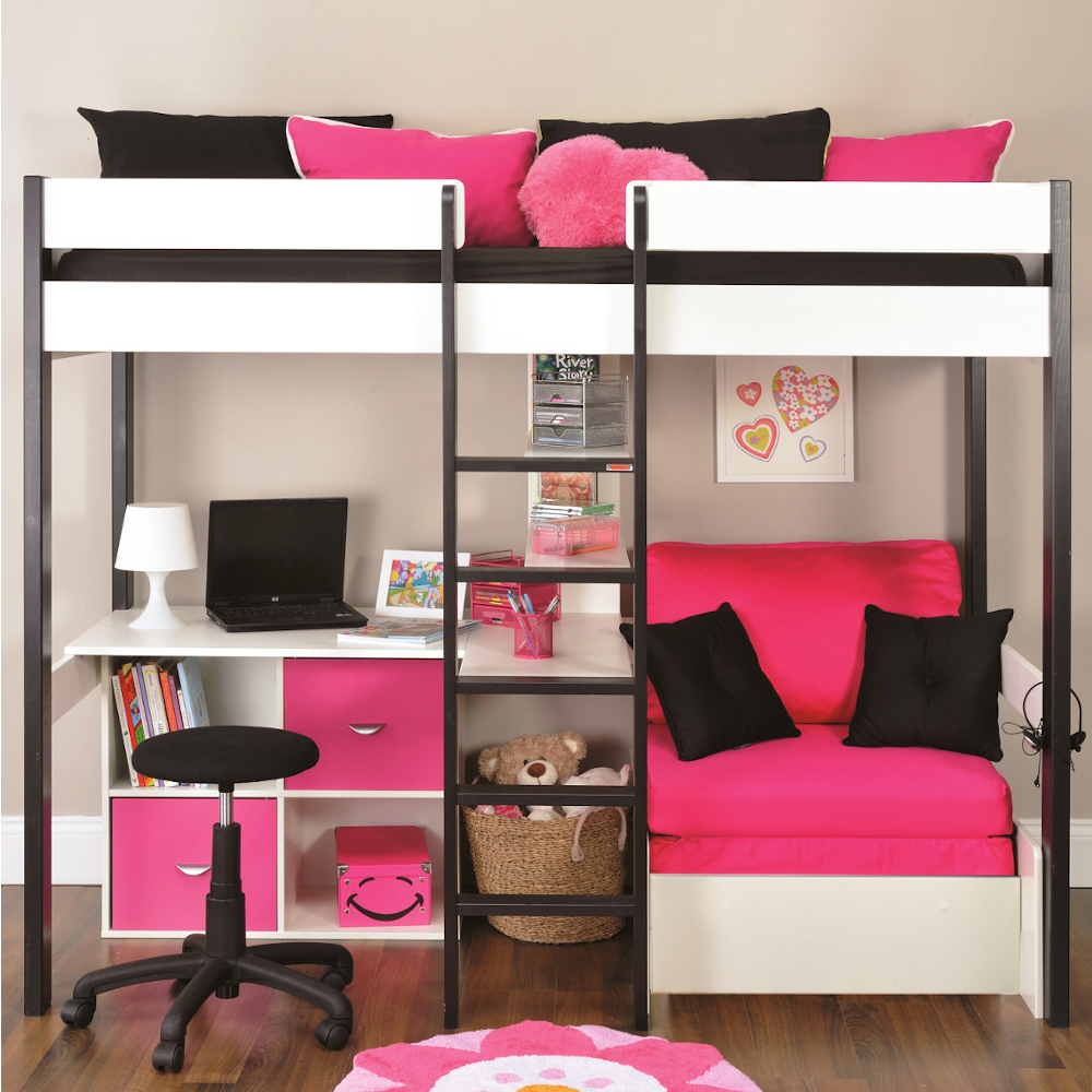 Nero High Sleeper with Pull Out Chair Bed in Pink + Cube Unit + Free Stompa S Flex Airflow Mattress