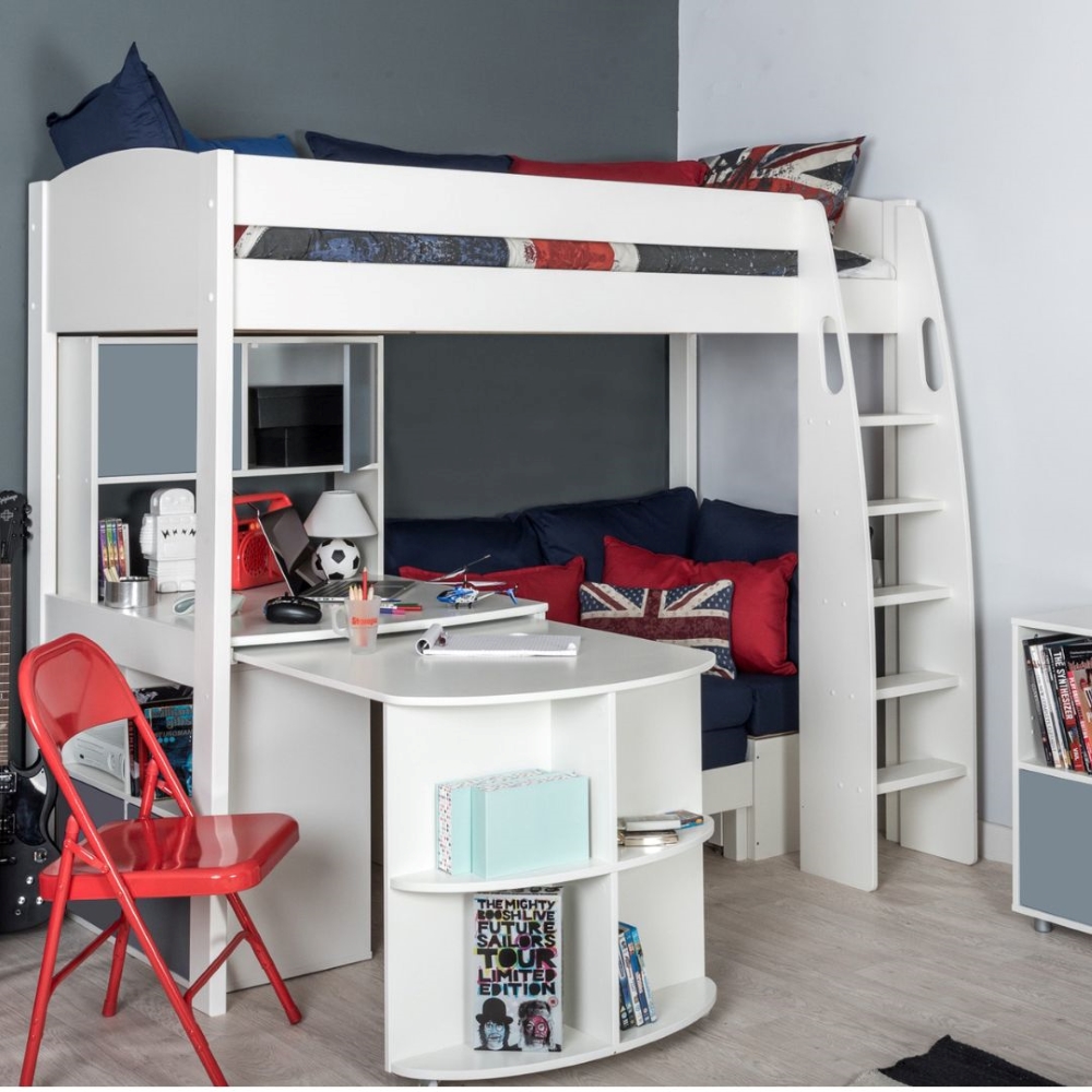 UnoS28 Highsleeper with Sofa Bed in Blue Fixed Desk + Pull Out Desk a Cube and Hutch + 4 grey doors