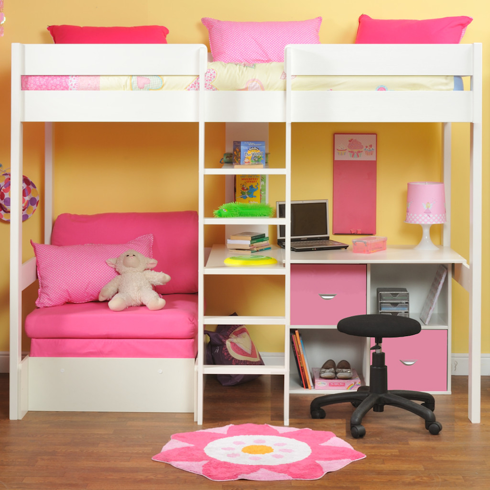 Last Years model High Sleeper with Pull Out Chair Bed in Pink+ Cube Unit  with 2 pink doors + Stompa S Flex Airflow Mattress