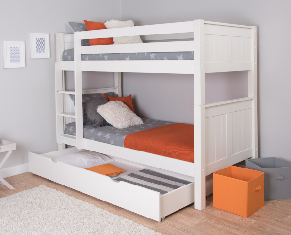 White wooden bunkbeds with storage
