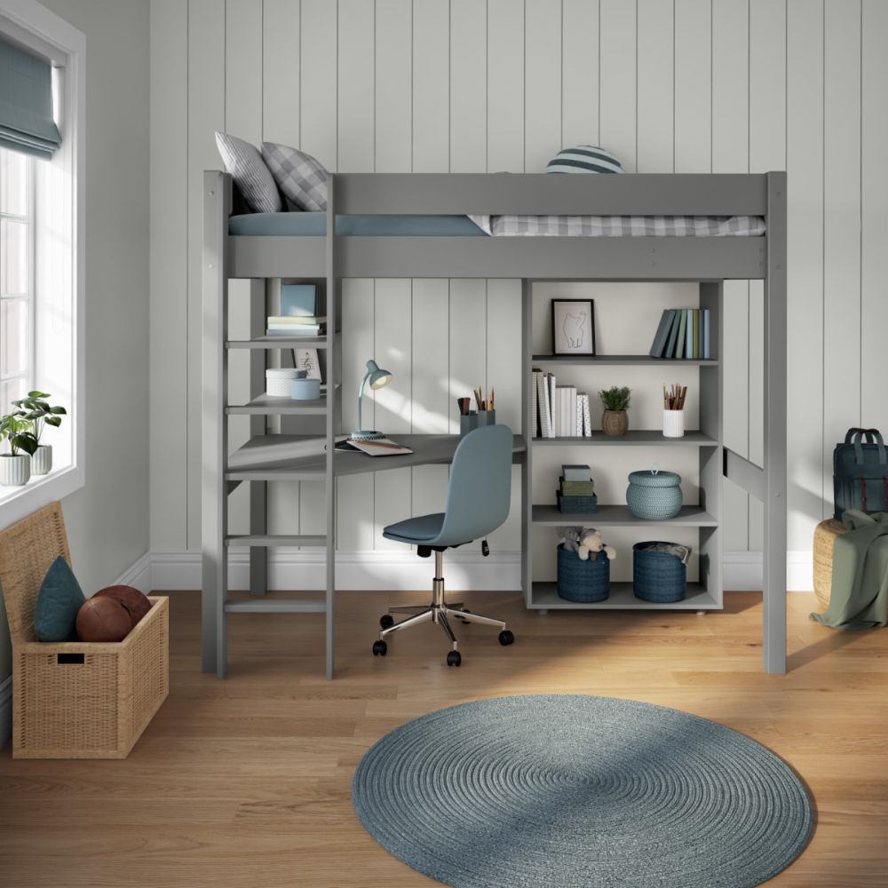 Grey High Sleeper bed with tongue and groove details in the headboard and footboard featuring integrated desk and shelving and a free standing tall bookcase