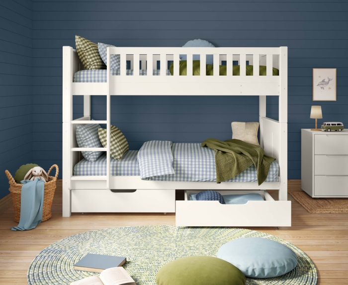 organised kids bedroom with detachable bunk bed with a pair of underbed storage drawers