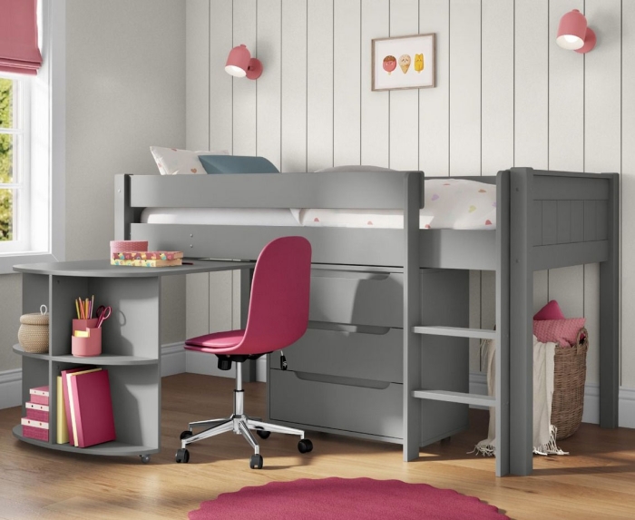 grey Classic mid sleeper bed combination with pull out desk and 3 drawer chest of drawers in a child's bedroom styled with white and pink bedding and accessories