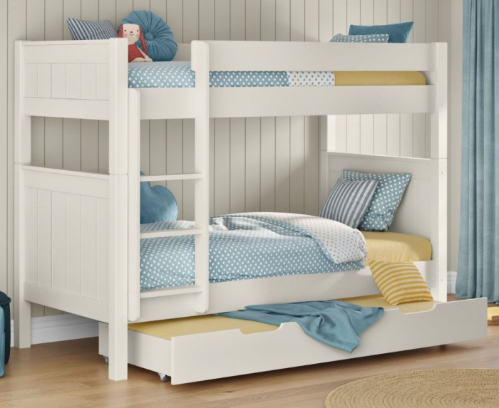 White, wooden detachable bunk bed with an open trundle bed and trundle mattress featuring tongue and groove details in the headboard and footboards