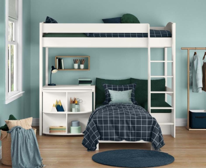 multi-functional kids bedroom with a space saving high sleeper bed featuring built in desk and a teal green sofa bed