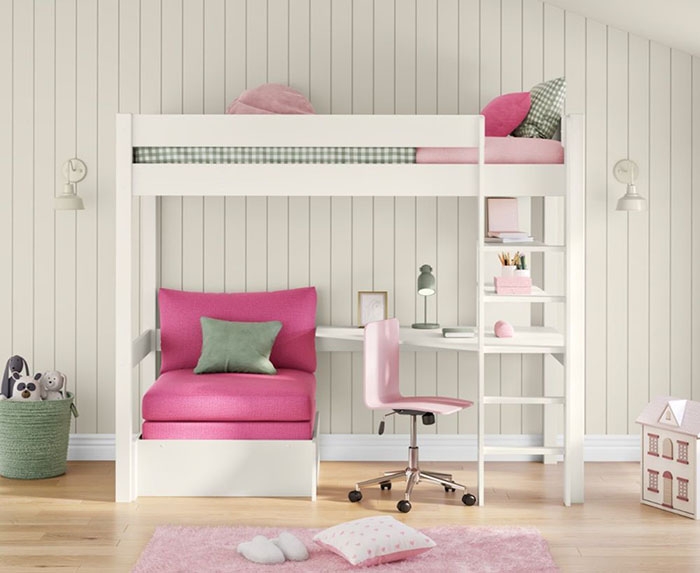 Classic White High Sleeper with Integrated Desk and Shelving and Pink Chair Bed
