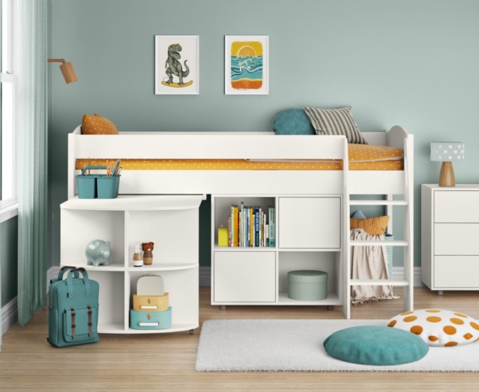 White mid sleeper bed with curved headboard and footboard, a curved pull out desk with shelving, a storage unit under the bed