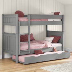 Zoomed Angled View of Classic Grey Bunk Bed with Open Trundle