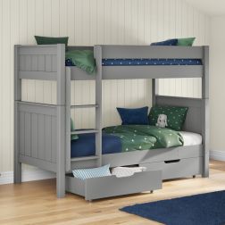 Zoomed Angled View of Classic Grey Detachable Bunk Bed with a Pair of Drawers