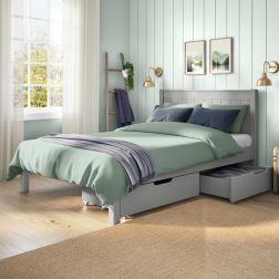 Zoomed Angled View of Classic Grey Low End Double Bed with a Pair of Drawers