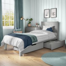Zoomed Angled View of Classic Grey Low End Single Bed with a Pair of Drawers