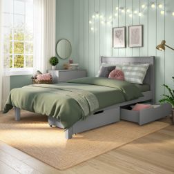 Zoomed Angled View of Classic Grey Low End Small Double Bed with a Pair of Drawers