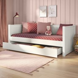 Zoomed Angled View of Classic White Day Bed with Trundle Drawer