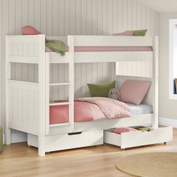 Zoomed Angled View of Classic White Bunk Bed with a Pair of Drawers