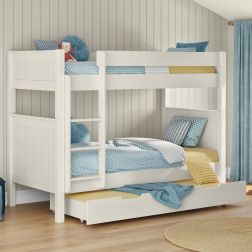 Zoomed Angled View of Classic White Bunk Bed with a Trundle Drawer and Trundle Mattress