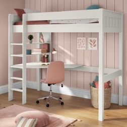 Zoomed Angled View of Classic White High Sleeper with Integrated Desk and Shelving