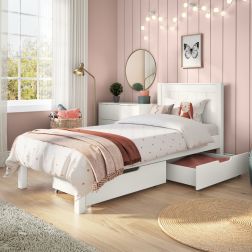Zoomed Angled View of Classic White Low End Single Bed with a Pair of Drawers
