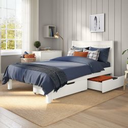 Zoomed Angled View of Classic White Low End Small Double Bed with a Pair of Drawers