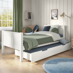 Zoomed Angled View of Classic White Single Bed with Trundle Drawer and Trundle Mattress