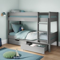 Zoomed Angled View of Compact Grey Detachable Bunk Bed with a Pair of Drawers